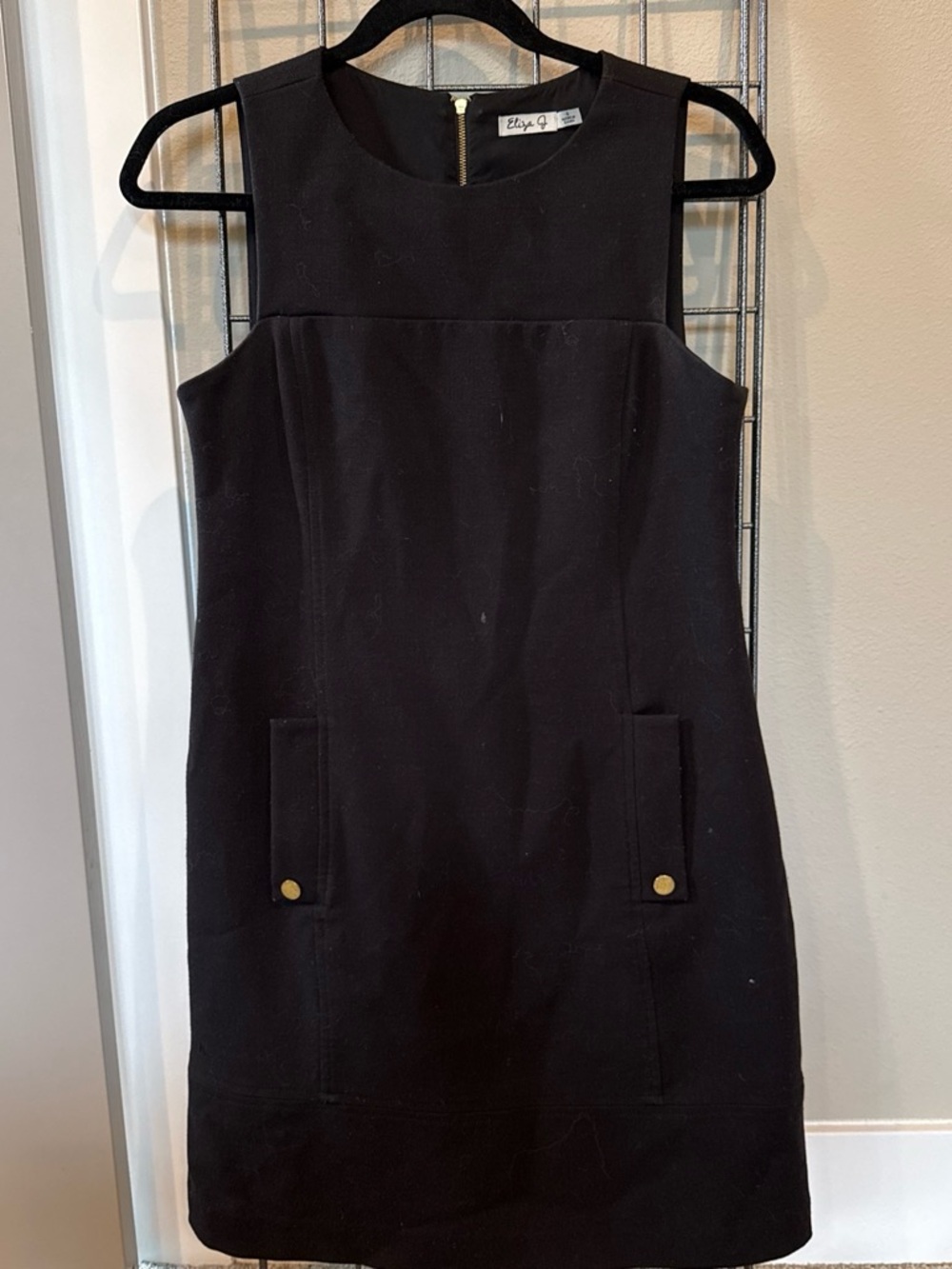 Eliza J Black Sleeveless Pocket Shift Dress with Gold Buttons